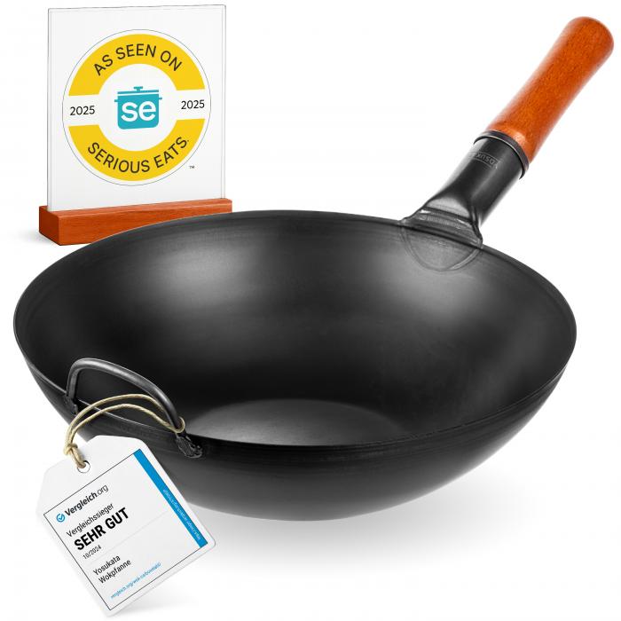Yosukata Wok ze Stali Czarnej 34cm (z płaskim dnem, wstępnie sezonowany)