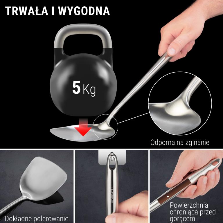 Yosukata Zestaw 3 Narzędzi Odpornych na Ciepło - Łopatka Łyżka Wazowa i Cedzak 43 cm do Woka 