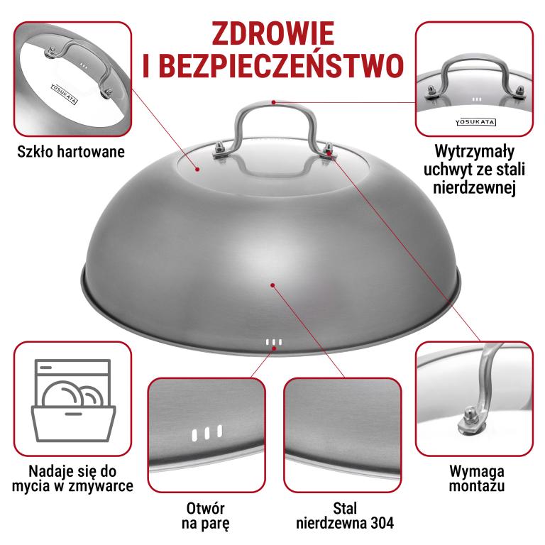 Yosukata Przykrywka z Nierdzewnej Stali z Wkładką z Hartowanego Szkła 32,5cm (Do Woka 34cm)