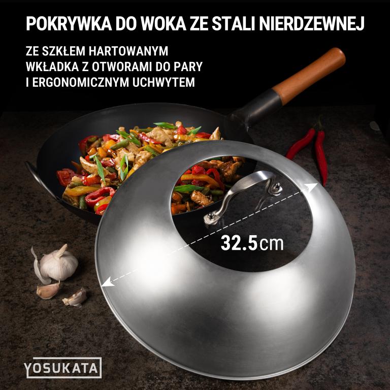 Yosukata Przykrywka z Nierdzewnej Stali z Wkładką z Hartowanego Szkła 32,5cm (Do Woka 34cm)