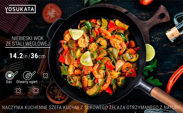 Yosukata Wok ze Stali Niebieski 36cm (z okrągłym dnem, niesezonowany) 