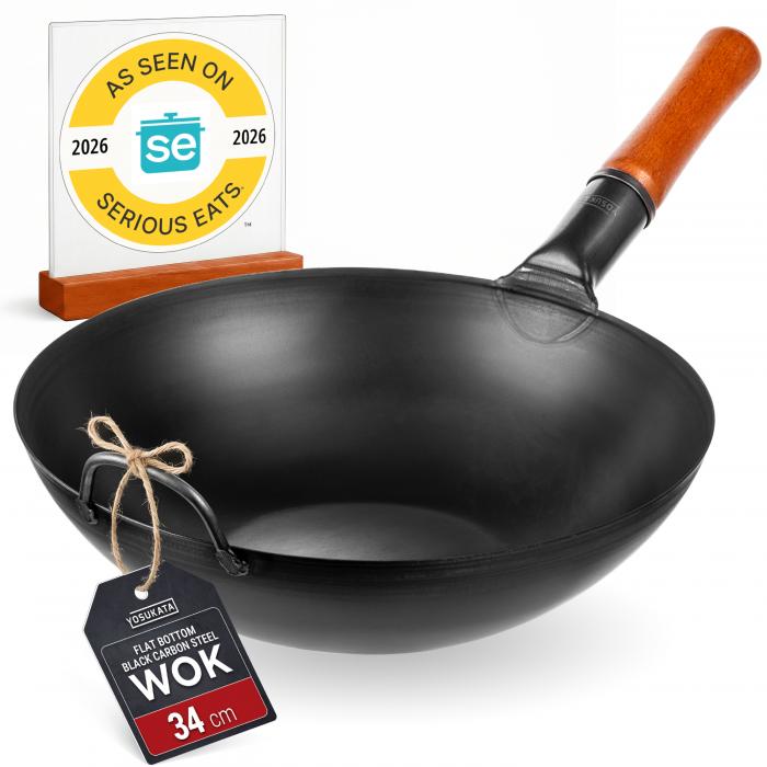 Yosukata Wok ze Stali Czarnej 34cm (z płaskim dnem, wstępnie sezonowany)